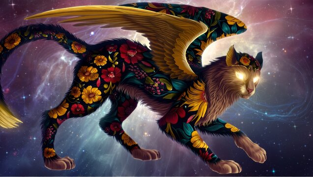 Fantasy Winged Cat with Floral Pattern in Cosmic Nebula