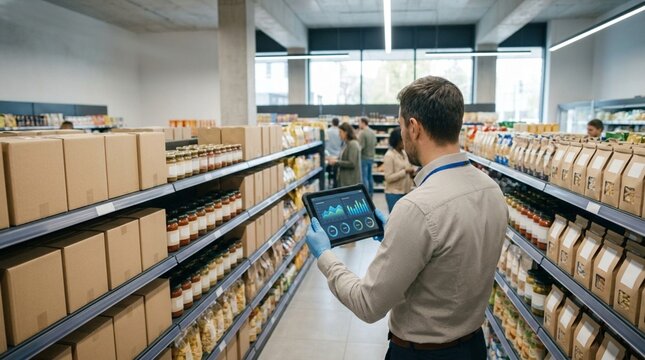 Grocery Store Manager Reviewing Real Time Inventory Levels And Sales Analytics On A Digital Tablet In The Supermarket Aisle