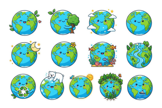 Set of cute Earth stickers showing smiling globes with nature and conservation symbols. Concept of environmental protection and global biodiversity. PNG