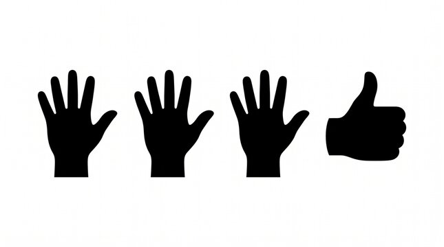 Minimal black silhouette icon set featuring three raised hands and one thumbs-up gesture, representing counting, communication, approval, support, positivity, and social interaction.