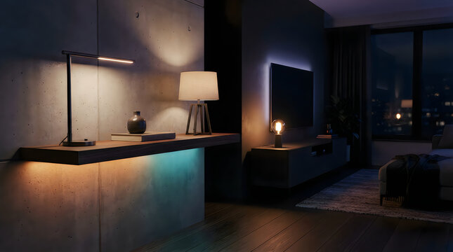 Modern smart home lighting in dark living room, cozy apartment interior with ambient LED strip lights and desk lamps 4 k