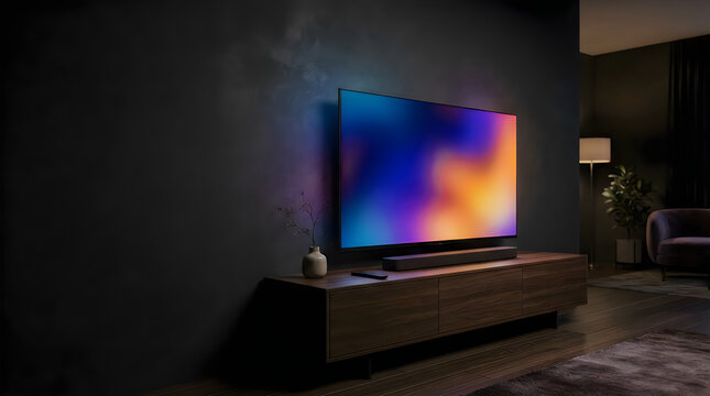 Modern smart TV on dark wall in cozy living room, sleek television screen with ambient backlighting, elegant home theater setup for Black Friday 4 k