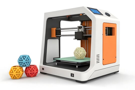 3D printer creating colorful geometric shapes on build platform