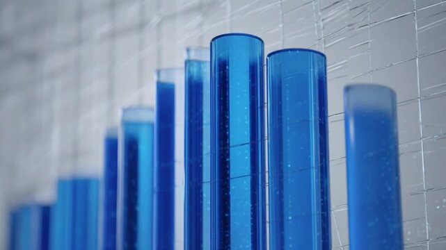 Blue glass cylinders rising in sequence during soft lighting against a textured wall