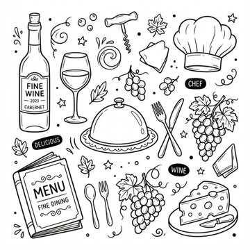 Fine Dining Restaurant and Elegant Wine Culture Doodle Icon Set, Hand Drawn Luxury Chef Hat Food Cloped and Bottle Line Art Illustration Isolated on White Background for Cafe Menu and Bistro Branding