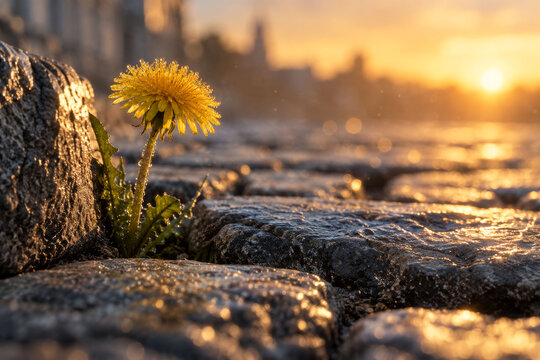 Yellow flower with dewdrops between cobblestones at sunrise