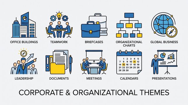 Professional corporate icon collection featuring office buildings, teamwork, briefcases, organizational charts, global business, leadership, documents, meetings, calendars, and presentations, clean bl