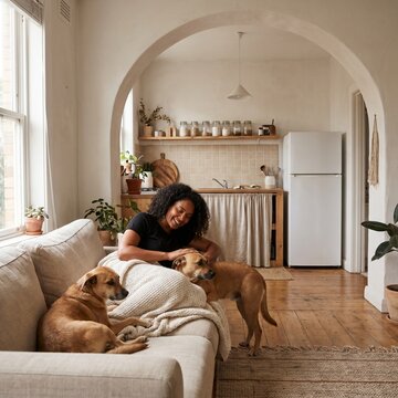 Mulher com cachorro no sof&aacute; relaxando em casa