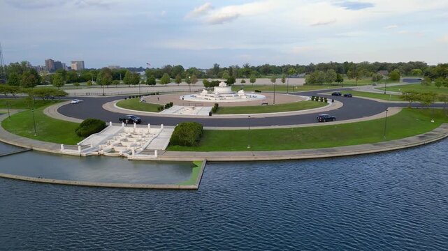 Flying over James Scott Memorial Fountain in Detroit
