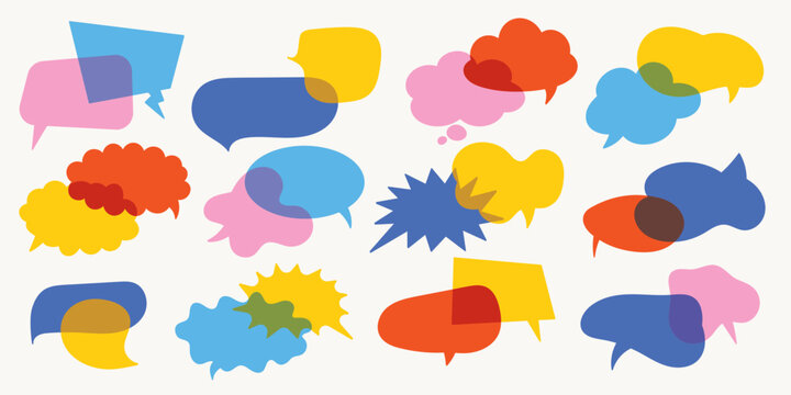 Colorful speech and thought bubbles set. Bright vector collection of comic chat balloons in flat style, perfect for dialogue, messages, comics, and design elements.