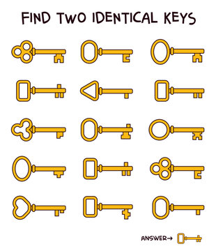 Find two identical keys puzzle for kids. Educational activity with golden keys. Fun logic game to develop attention and observation skills. Cartoon vector illustration. Isolated on white. Spot it