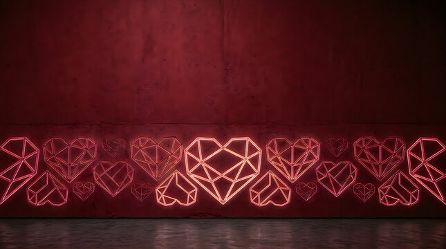 Abstract geometric heart shapes arranged in a line on a dark red background for love decoration