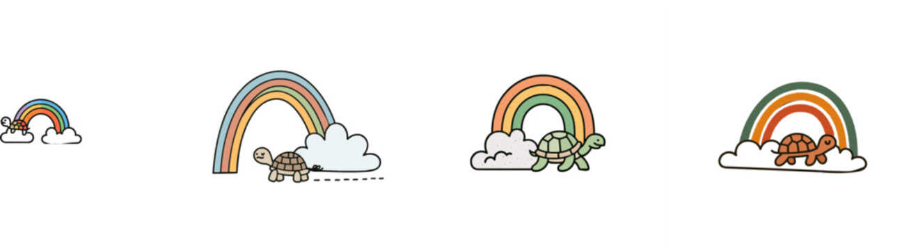 A whimsical illustration features a cute turtle walking atop a rainbow bridge, set against a serene sky with fluffy clouds, all rendered in a minimalist Scandinavian style