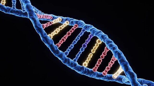 DNA helix rotating and twisting in abstract dark space during scientific research concept