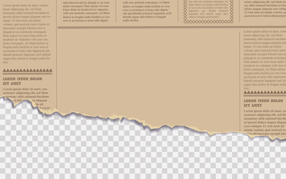 Vintage newspaper page with torn bottom edge and transparent background. Realistic ripped paper template for collage, news design, or retro-style layouts.