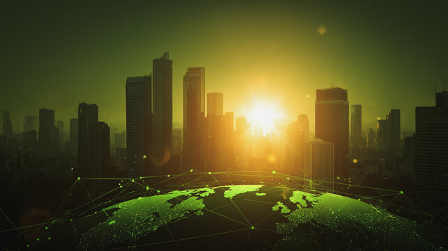 Sunset at Smart digital Innovation city with connection network reciprocity over the city of future smart wireless digital city and social media networking systems that connects people with in city