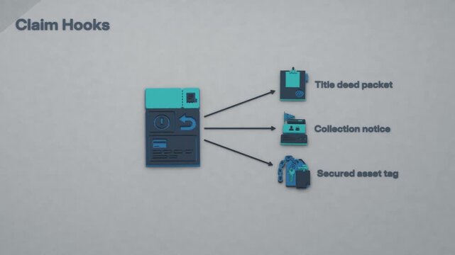 A chargeback reverses a sale as three related claim effects unfold: a lien on title, a collection demand and a secured asset claim. Flat 3D style with English labels.