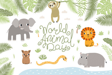 Fototapeta premium Cute wild animals World Animal Day design with text, plants. Tropical wildlife. Kawaii cartoon characters. Hand drawn flat vector illustration, design element for environment protection