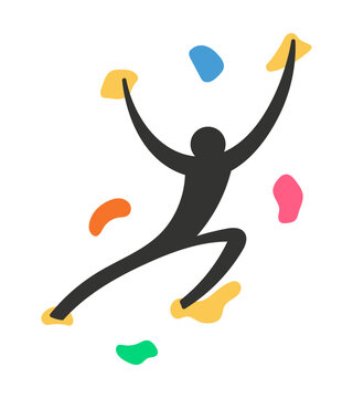 Bouldering, rock climbing icon with cartoon person, black silhouette holding colorful grips illustration isolated. Climbing gym logo design. Sport, fitness, exercise, training. Hand drawn vector