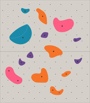 Bouldering colorful grips, handholds, footholds on artificial wall for rock climbing illustration. Sports equipment for fitness, exercise, training. Fun physical activity. Hand drawn vector design