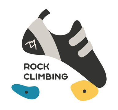 Climbing shoe, bouldering grips, footholds, text illustration isolated. Climbing gym, rock climbing logo design. Fitness, exercise, training, fun physical activity, active lifestyle. Hand drawn vector