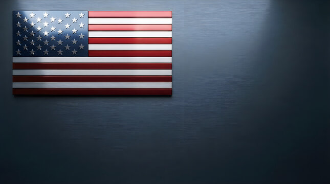 American flag with stars and stripes on a dark blue background with dramatic spotlight lighting