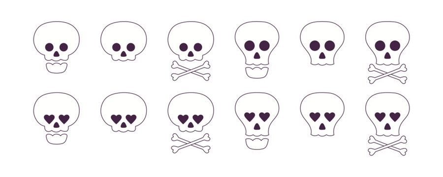 Human skull, skull and bones, crossbones Halloween illustration isolated set. Death, horror, pirates, danger symbol. Holiday design element, clip art collection. Hand drawn vector, line art, outline