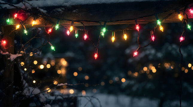 Colorful glowing christmas lights hanging on a dark night background