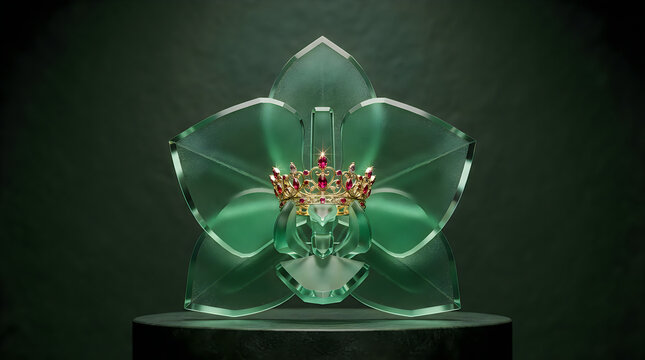 A beautiful glass orchid flower with a small golden crown and red jewels on a dark green stage