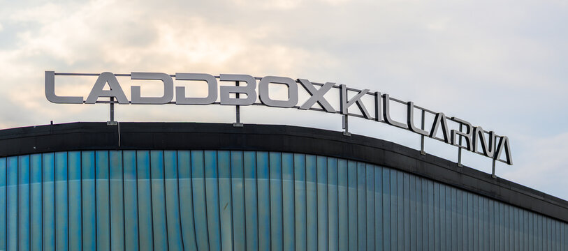 Gothenburg, Sweden - August 04 2026: Laddboxarna rooftop sign on modern commercial building exterior.