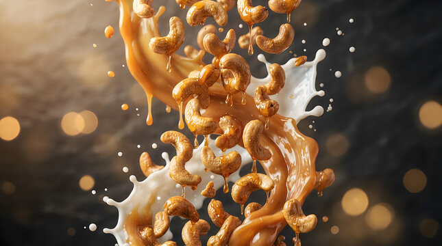 Fresh cashew nuts falling with milk splashes in a dynamic motion on a dark background