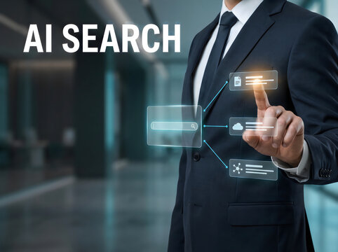 Professional businessman interacting with a digital interface representing artificial intelligence search technology in a modern office
