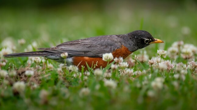 American robin in clovers with flowers foraging for food