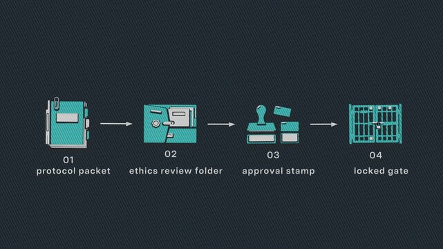A clinical trial protocol moves from draft assembly through ethics review, stamped approval and filing before the trial gate opens. Flat 3D style with a printed line screen; objects numbered and