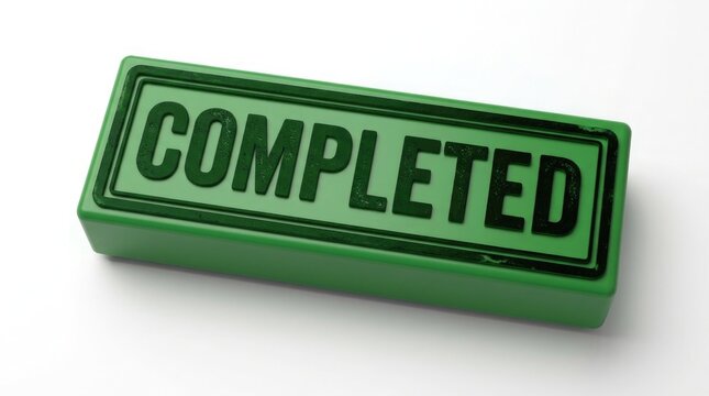 Green rubber stamp reading completed against a plain white background symbolizing task achievement and successful project completion