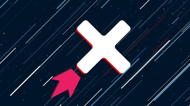 Close symbol flies through the universe on a jet propulsion. The symbol in the center is shaking due to high speed. Seamless looped 4k animation on dark blue background with stars