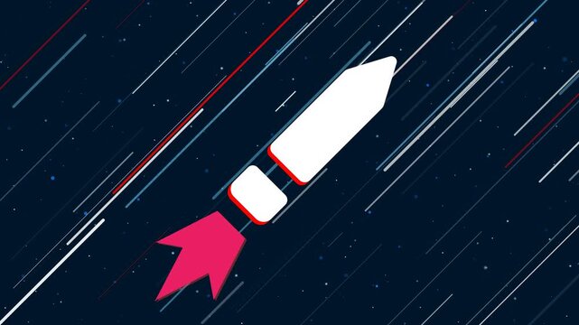 Pencil symbol flies through the universe on a jet propulsion. The symbol in the center is shaking due to high speed. Seamless looped 4k animation on dark blue background with stars