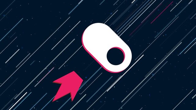 Toggle switch symbol flies through the universe on a jet propulsion. The symbol in the center is shaking due to high speed. Seamless looped 4k animation on dark blue background with stars