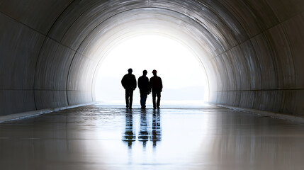 Fototapeta premium Silhouette of three construction workers walk through a dark industrial tunnel toward bright light exit representing hope and future success