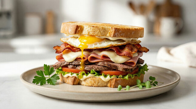 Traditional Uruguayan chivito sandwich loaded with steak, ham, cheese, fried egg, and bacon
