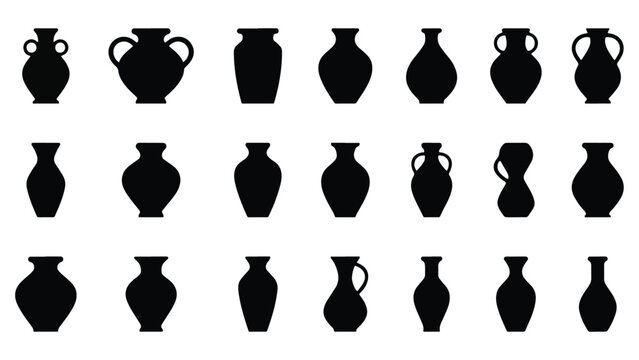 Silhouettes of various ancient and modern vases and amphorae on a white background pottery ceramic