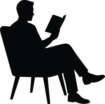 Silhouette of a Man Sitting on a Chair and Reading a Book Isolated on White Background