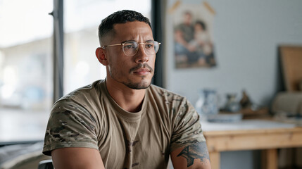 Fototapeta premium An army liaison officer waits patiently at a domestic violence nonprofit safe house, a family photo pinned above a porcelain painting therapy table, rain soaked street visible