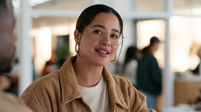 A lash extension technician with glasses pushed up on her forehead welcomes a veteran on his first day of vocational rehabilitation in a crowded beauty school lobby, the single