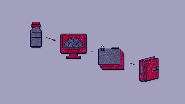 Dose escalation, wider cohorts and stricter safety monitoring lead to a regulatory dossier, with the trial stages arranged in a descending sequence. Flat 3D style with a dry silkscreen texture.