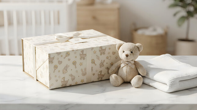 Cute baby gift box with a small teddy bear and soft blanket on a table in a nursery room