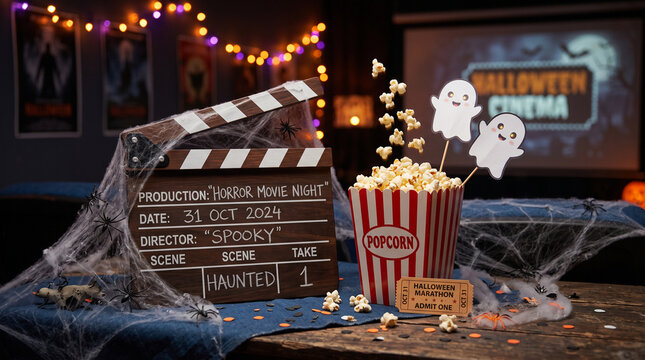 Halloween movie night concept with film clapperboard, popcorn, cute ghosts, spider webs, pumpkins and spooky cinema decorations in a cozy home theater.