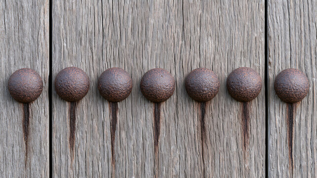 Close-up view of old rusty metal rivets aligned in a straight row on weathered wooden planks with visible grain texture and detail