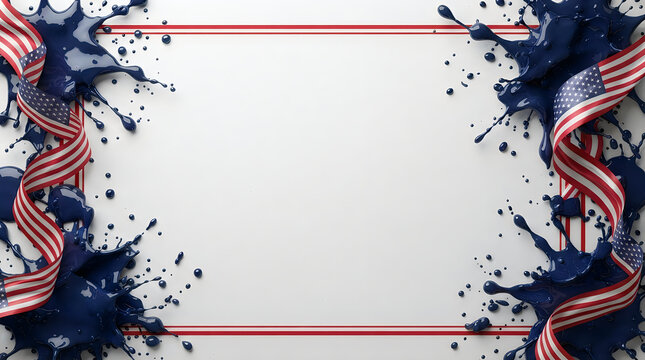 American flag ribbon frame with abstract blue ink splashes and red stripes for patriotic design