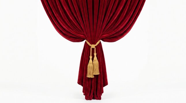 Close-up of a red velvet curtain with gold tassel tieback in a theater setting
